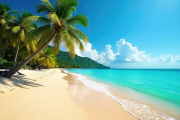 Golden sand meets turquoise ocean, palm trees sway gently , ocean, paradise, water