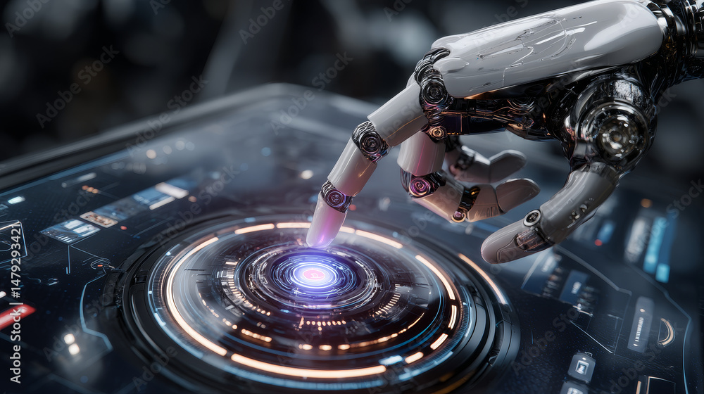 Poster the robot mechanical arm or hand presses the index finger on the button a virtual holographic interf