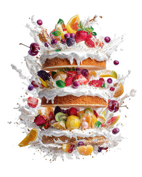 A vibrant, three-layered cake topped with an explosion of fresh fruits and cream, creating a festive atmosphere