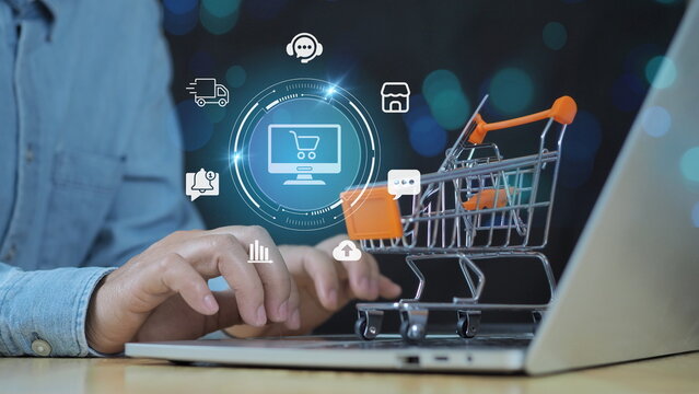 Businessman touching and analyzing data, optimizing sales, tracking inventory, enhancing customer experience, managing transactions, improving logistics