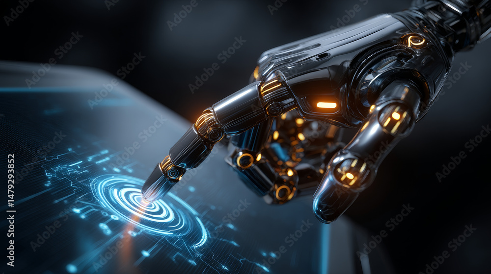 Poster the robot hand or arm presses the button on the touchscreen. protection from bots. vector illustrati