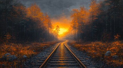 Fototapeta premium Autumnal forest train tracks bathed in golden light
