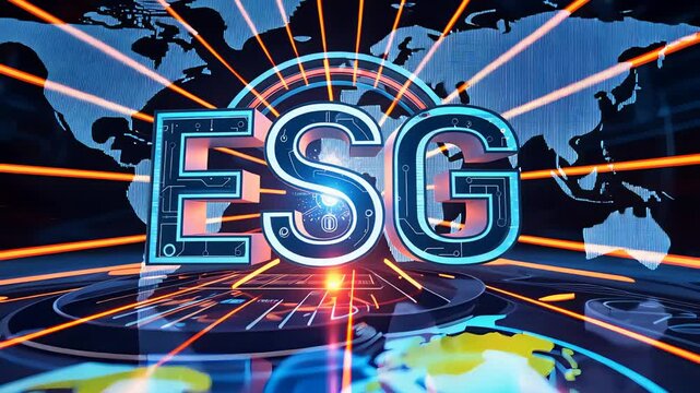 Futuristic ESG concept with glowing letters on digital world map interface and neon light beams highlighting global environmental themes

 - Powered by Adobe