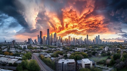 Obraz premium Dramatic sunset over city skyline melbourne aerial photography urban environment wide-angle view nature's beauty