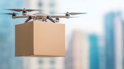 drone delivers a cardboard package against a blurred cityscape background.