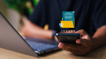 Privacy protection, secret secured lock, safety or security to archive file or document. Person holding lock document file folder with padlock.