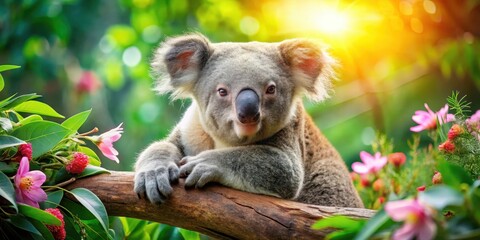 Fototapeta premium A koala bear resting on a branch with its fur glistening in the morning sun, surrounded by lush green leaves and vibrant flowers