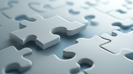Macro Shot of White Puzzle Pieces on Soft Blue Background Conceptualizing Problem Solving and Teamwork with Geometric Shapes and Smooth Surface for Business Strategy
