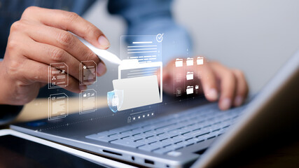 Privacy protection, secret secured lock, safety or security to archive file or document. Person holding lock document file folder with padlock.