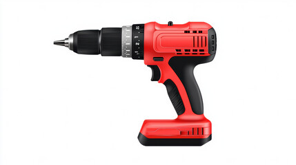  red and black cordless drill with a keyless chuck and ergonomic handle, isolated on a white background.