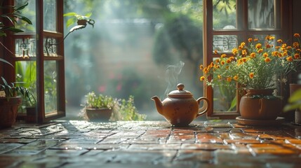 Clay teapot beside open window with sunlight