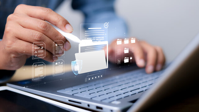 Privacy protection, secret secured lock, safety or security to archive file or document. Person holding lock document file folder with padlock.