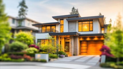 Fototapeta premium Modern suburban home with clean lines, bathed in soft daylight. Minimalist elegance in a quiet neighborhood setting.