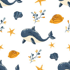 Seamless Vector Pattern with Whales, Colorful Seaweed, Starfish, and Seashells on White Background – Bright Marine Illustration for Beach-Themed Products, Nautical Branding, Holiday Decor, Kids Design