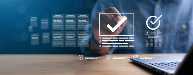 Businessman showing online document validation icon, quality assessment management With a checklist, business document evaluation process, market data report analysis and consulting.