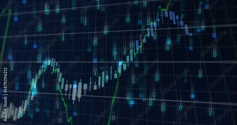 Poster digital financial chart animating in deep blue panel, showing candlestick bars and binary digits