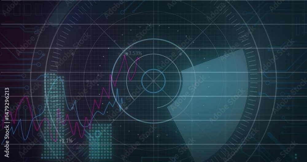 Poster radar grid rotating centrally in 3d render, displaying magenta and cyan charts with data labels