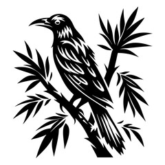Stylized Black Crow Perched on a Branch with Leaves in Silhouette
