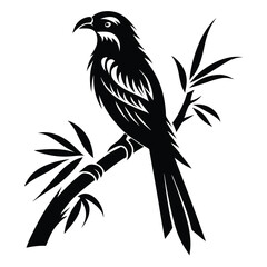 Elegant black and white illustration of a bird perched on bamboo branches