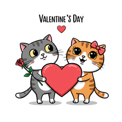 cat and heart valentine day on white background