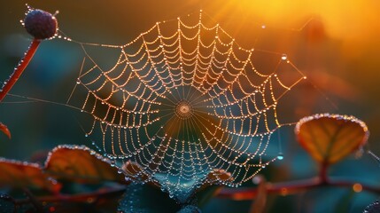 Early morning dew on spider web in field