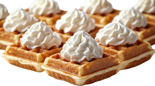 Collection set of crispy waffles with whipped cream isolated on transparent background, high-resolution dessert elements, sweet breakfast treats for digital design, food packaging, and menu visuals