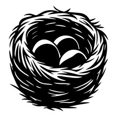 Monochrome drawing of a bird's nest containing three eggs in silhouette