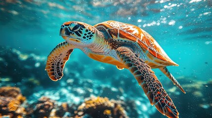 Fototapeta premium Underwater sea turtle in vibrant coral reef