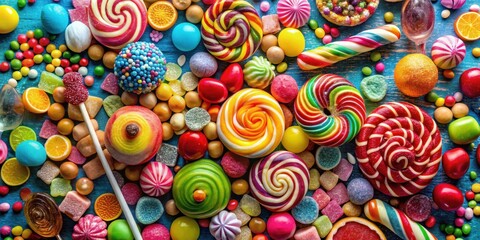 A cluster of colorful candies arranged artfully on a vibrant background, with scattered sweets and treats, showcasing a variety of shapes, sizes and colors , dessert display, sugary delights