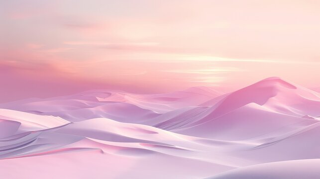 Pastel landscape featuring rolling hills under a soft pink and orange sky at sunrise or sunset
