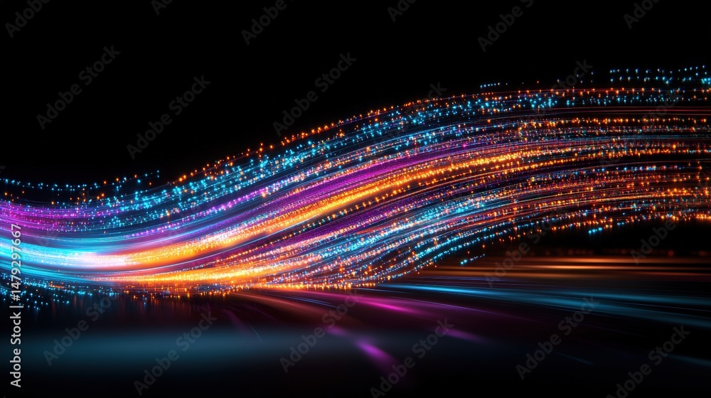 Poster dynamic vibrant light trails in motion with bright colorful streaks and glowing particles creating a