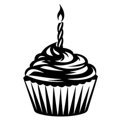 Monochrome festive cupcake with a candle for birthdays and special occasions