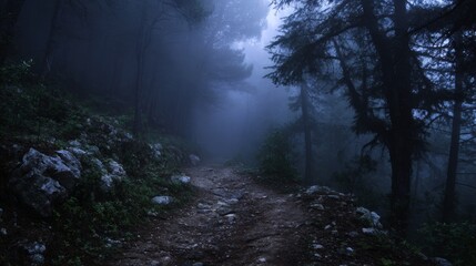 Obraz premium A dark forest path shrouded in mist, where mystery lingers in the soft light. 