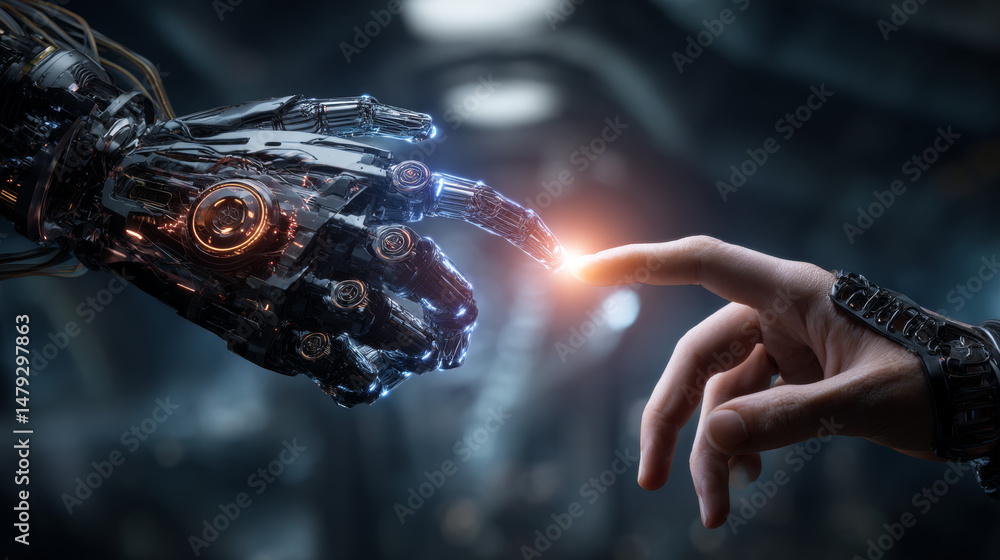 Poster artificial robot hand touch human hand. symbol of connection and interaction, people and artificial 