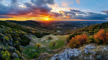 Breathtaking sunset over rolling hills nature landscape autumn colors panoramic view tranquil environment