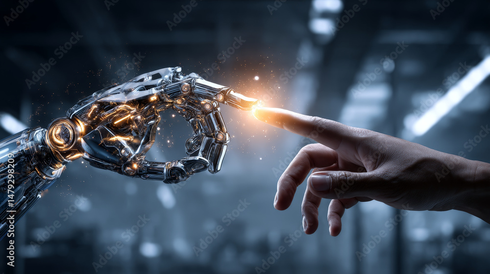 Poster artificial robot hand touch human hand. symbol of connection and interaction, people and artificial 
