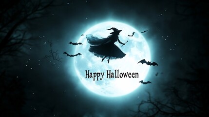 Witch silhouette against a full moon, bats flying, Halloween greeting