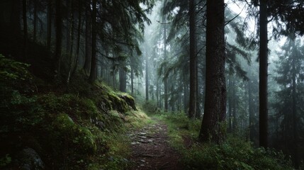 Obraz premium A dark forest path shrouded in mist, where mystery lingers in the soft light. 