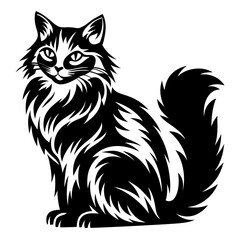 Elegant Black and White Illustration of a Fluffy Long Haired Cat