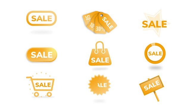 Animated yellow sale tags icons on white background. 4K motion graphic.