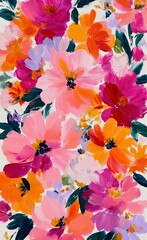 Pink peonies, orange camellias, green leaves flowers