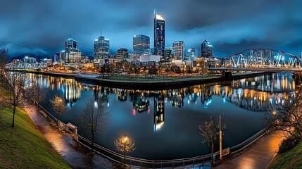 Fototapeta premium Nighttime cityscape reflection perth photography urban environment panoramic view serenity and beauty