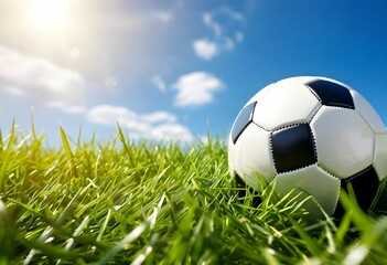 International footb all day with Soccer ball on a green field under a bright blue sky and soccer ball on green grass