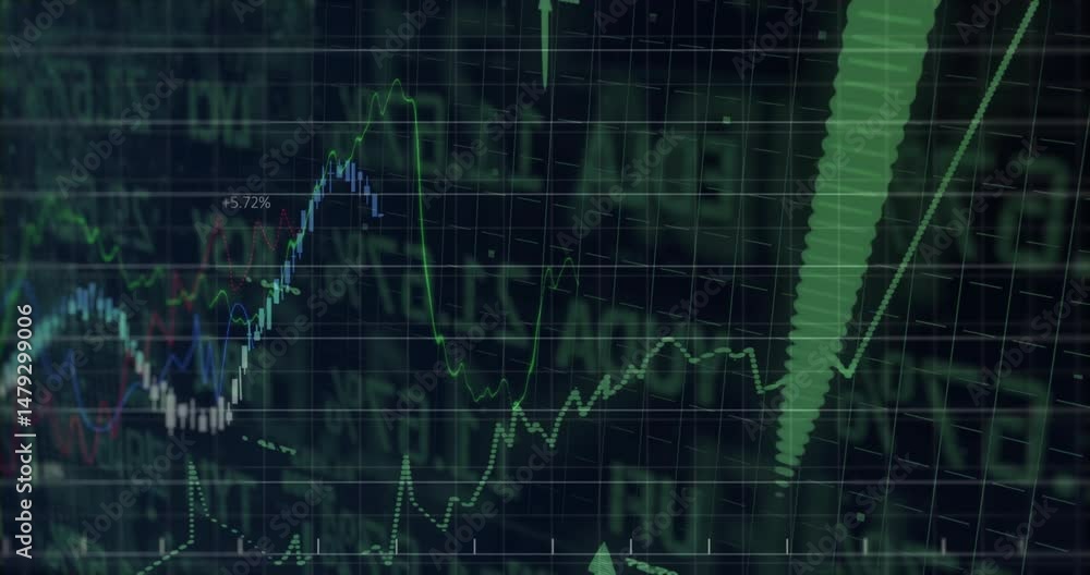 Poster financial data visualizing on dark screen showing candlesticks graphs and green arrow pointing up