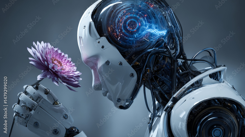 Poster ai face profile. artificial intelligence in humanoid head take in hand artifical robotic flower. sci