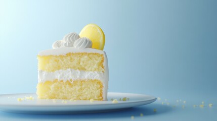 Slice of Lemon Cake on a White Plate with Light Blue Background Close Up Delicious Sweet Pastry Dessert Featuring Yellow Sponge Cake and White Cream Sprinkled with Sugar