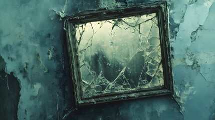A shattered mirror hanging on a decaying wall, reflects a haunting scene with a story of past beauty and its unfortunate demise, capturing the passage of time.