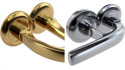 3d realistic vector icon set. Golden and silver door handles in side and front view. Islated on white background.