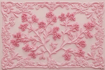 Detailed floral pattern, embossed on a light pink background.