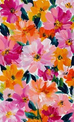 Pink peonies, orange camellias, green leaves flowers